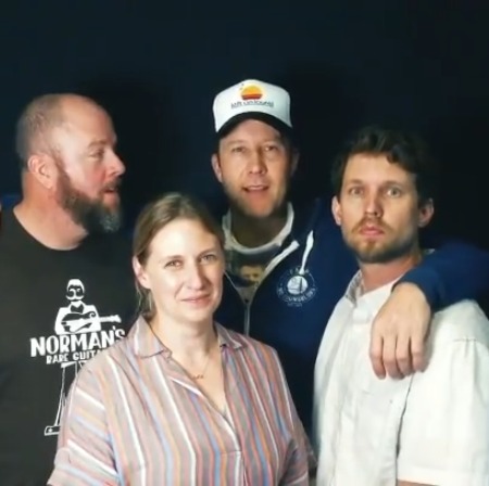 Kirsten Heder and her husband Jon Heder with hosts of the podcast INLOVE.